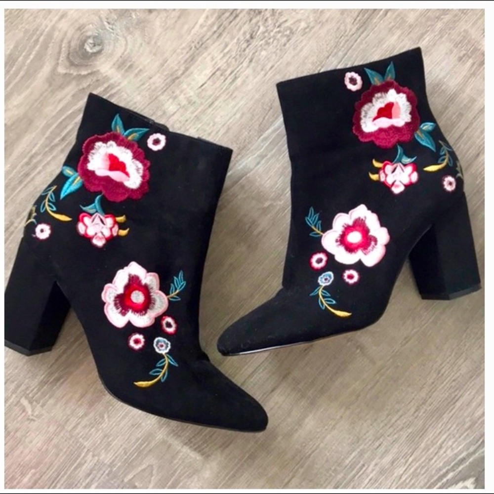 Express Floral Embroidered Heeled Booties